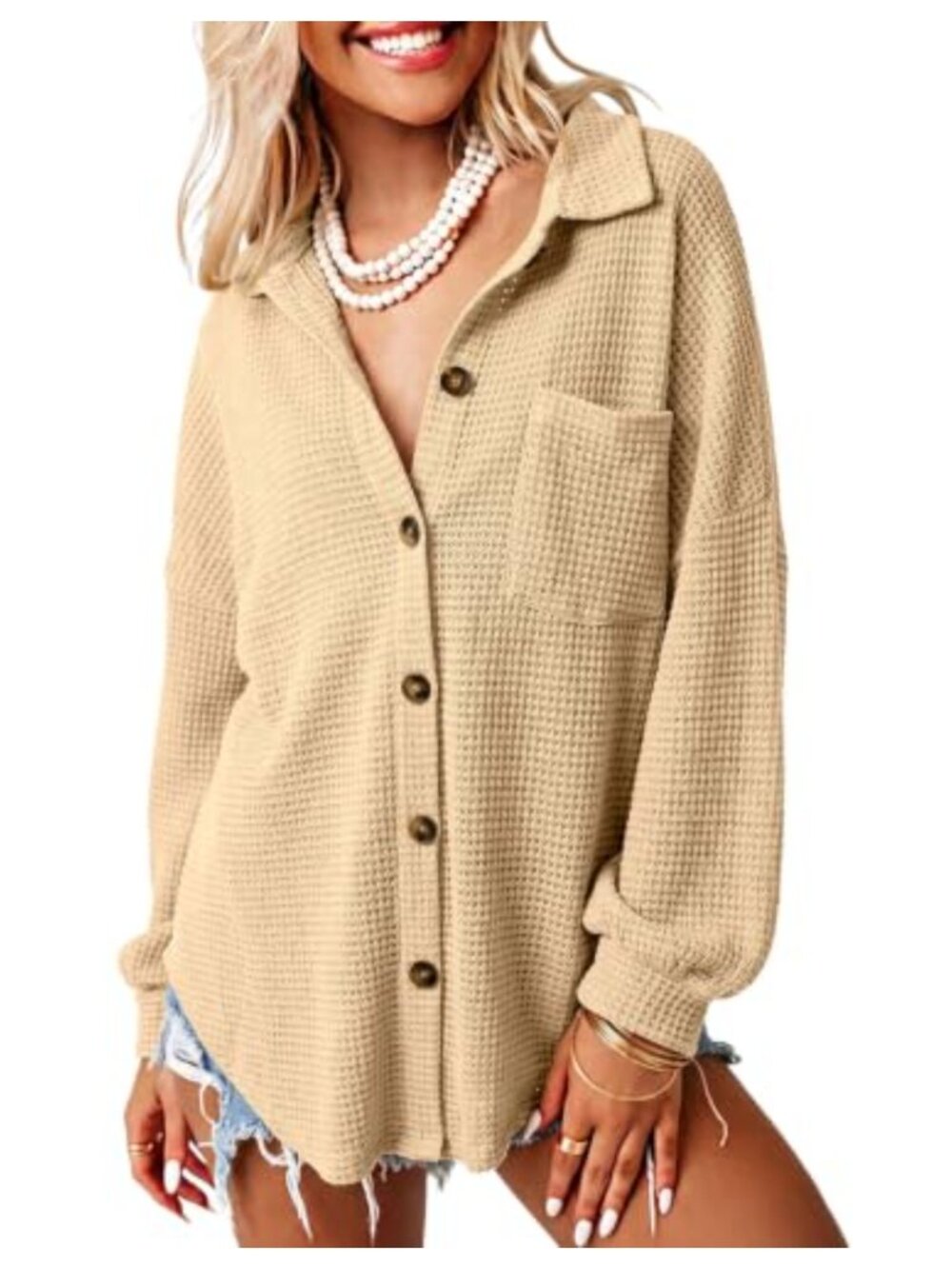 Waffle Knit Shacket Jacket Button Down Shirt Loose Fit Boyfriend Style